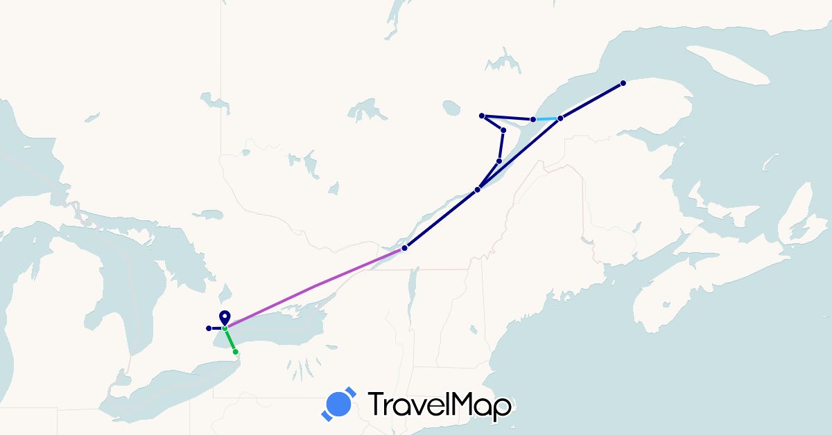 TravelMap itinerary: driving, bus, train, boat in Canada, United States (North America)